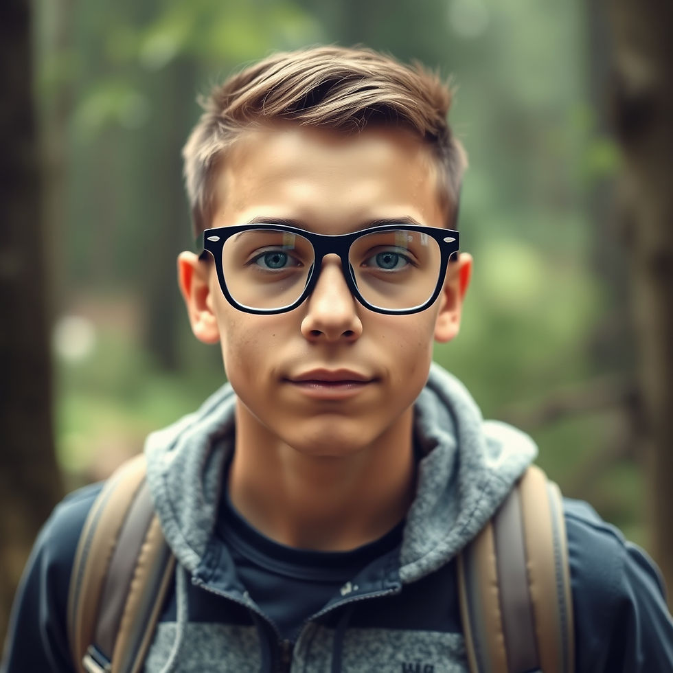 Create an image of a teenage boy in glasses trekking.jpg