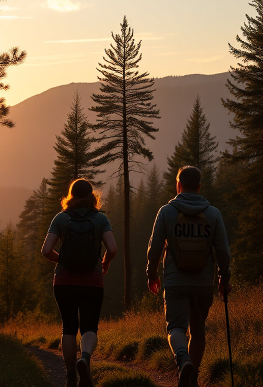 Create an image of 2 people going for a trekk walking through a forest durig sun set .jpg