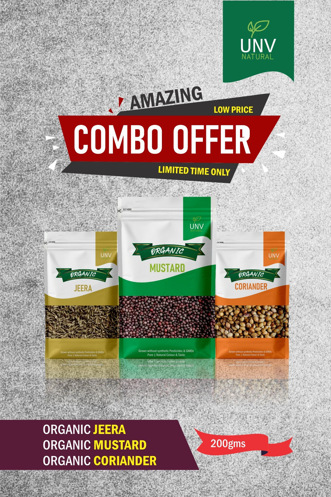 UNV PACK OF 3 - Organic Jeera Raw/Cumin Whole, Organic Mustard Whole,Dhania Raw