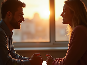 Two adults talking face to face beside a sunlit window