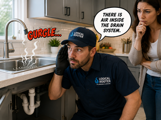 Plumber investigating a kitchen sink drain gurgling noise while listening for airflow issues inside the drain system in a San Fernando Valley home.