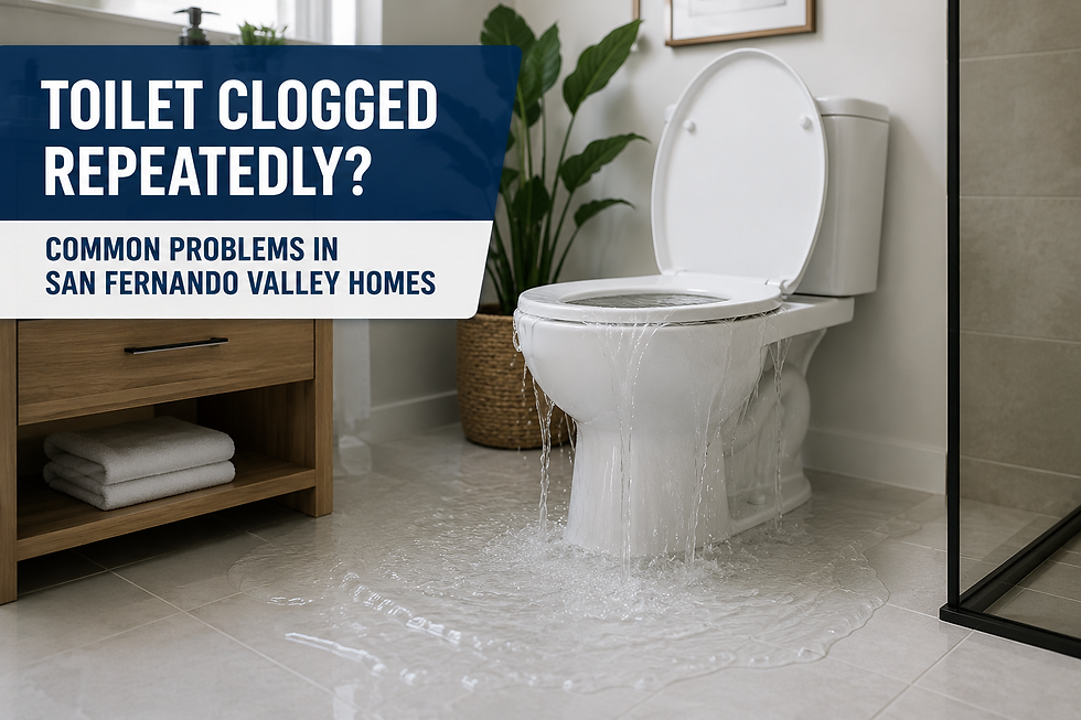Toilet overflowing with water onto the bathroom floor in a clean modern San Fernando Valley home bathroom.