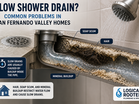 Cross-section of a shower drain pipe showing hair, soap scum, and mineral buildup restricting water flow and causing a slow shower drain.