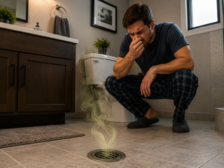 Homeowner covering his nose in a modern bathroom as sewer odor rises from a floor drain, indicating a possible plumbing or sewer line issue.