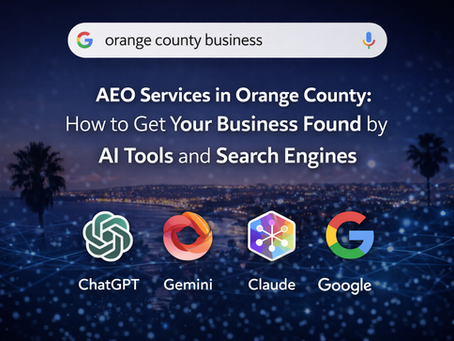 Logos of AI Tools and the Google Search Bar making reference to AEO Services in Orange County of C2Thrive Local Marketing to help businesses being found by its future customers.