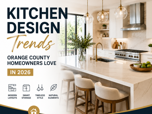 Modern luxury kitchen showcasing the latest kitchen design trends in Orange County, including oversized island, warm white cabinetry, smart storage, and timeless finishes.