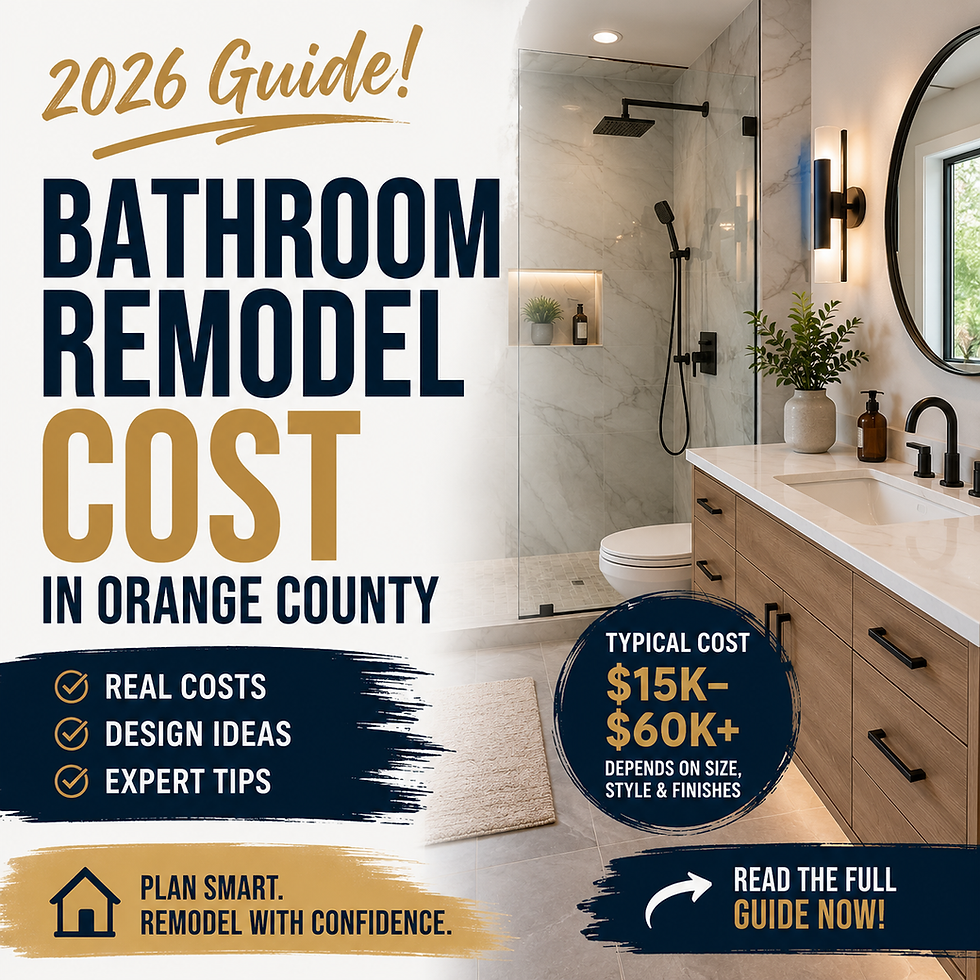 Graphic promoting a 2026 guide to bathroom remodeling costs in Orange County, featuring a modern luxury bathroom with a walk-in shower, floating vanity, and key remodeling cost highlights.