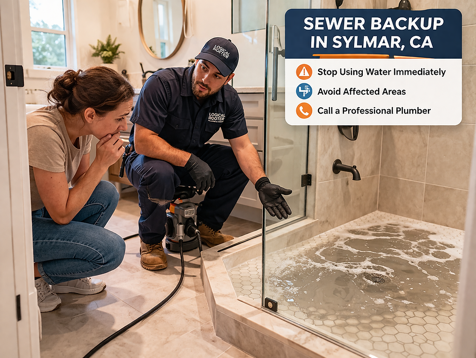 Sewer backup in Sylmar CA plumber inspecting flooded shower and explaining solution.