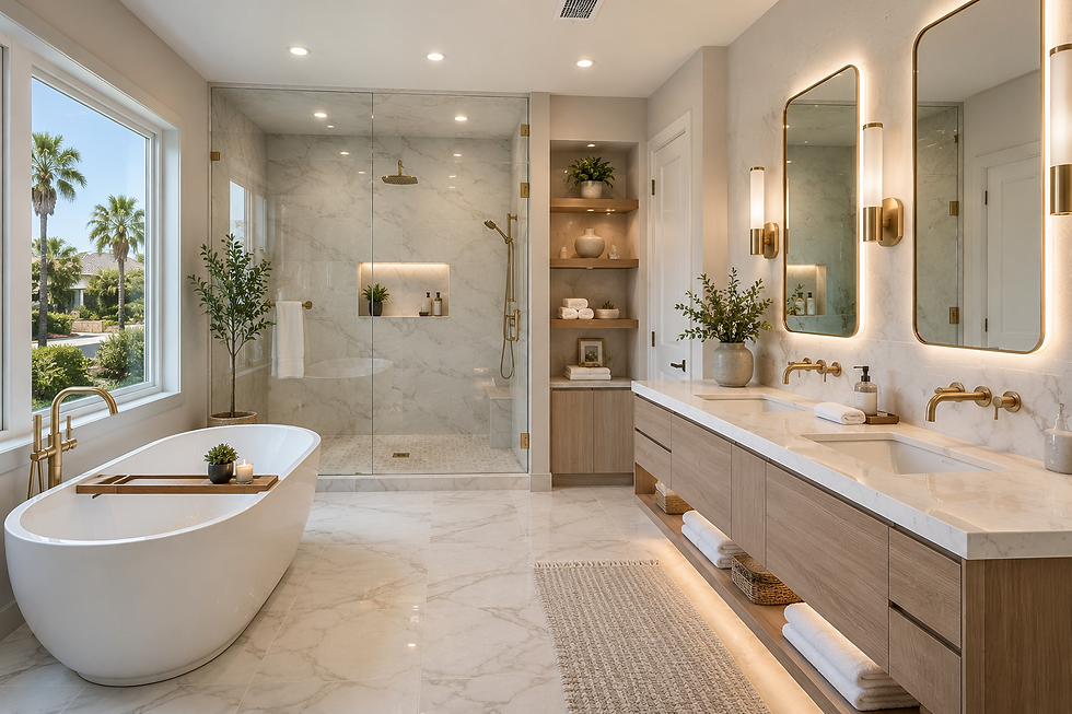 Luxury bathroom remodel with walk-in shower, freestanding bathtub, quartz vanity, and porcelain tile in an Orange County home.