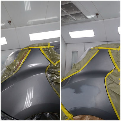 Before and After pictures of rear gray car paint work