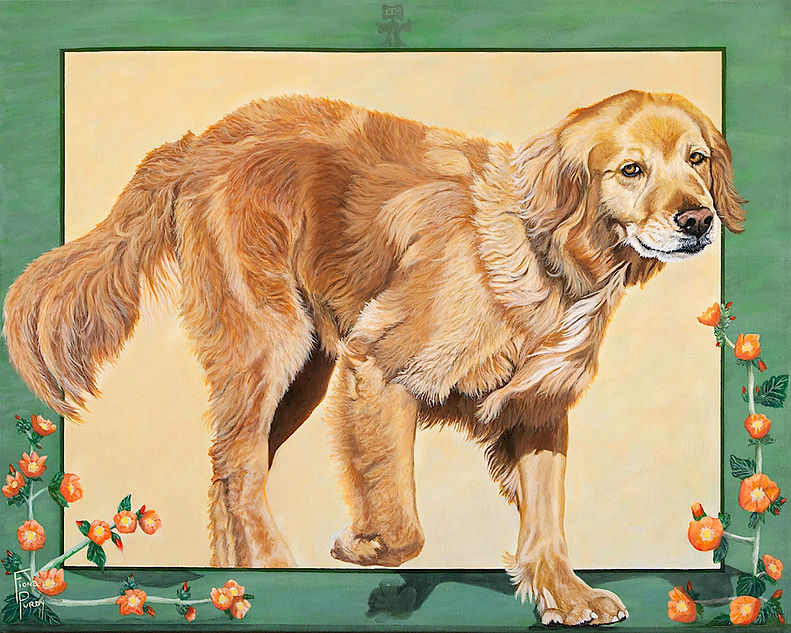 Hand painted dog portrait on canvas in acrylic of Boston, a Golden Retriever. Painted by dog and pet portrait artist Fiona Purdy.