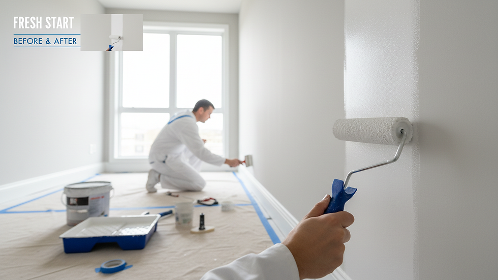 Close-up view of painter rolling white paint on a wall