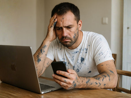 A guy covered in paint trying to find a painting company to help finish the job