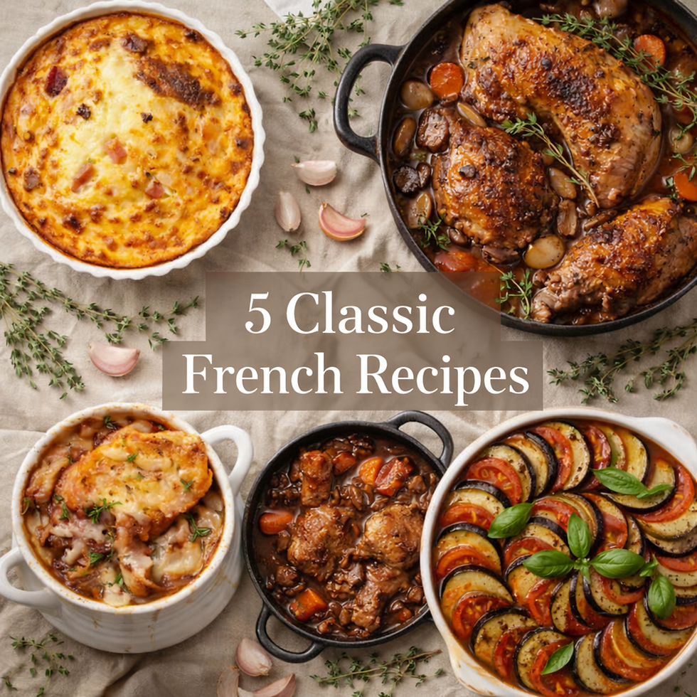 5 authentic French recipe printables bundle — Coq au Vin, Boeuf Bourguignon, Quiche Lorraine, Crème Brûlée and Ratatouille
