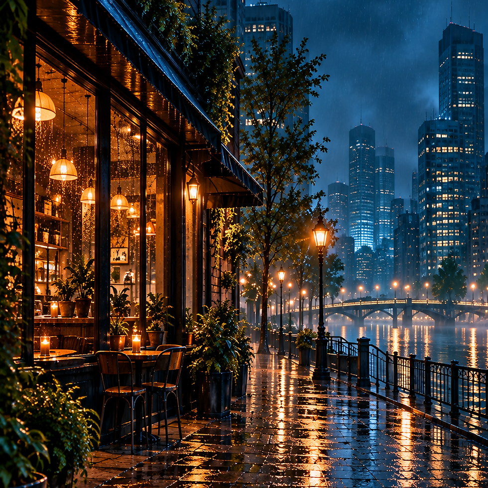 Glowing café on a rainy night with a wet riverside promenade, street lamps and a city skyline in the background