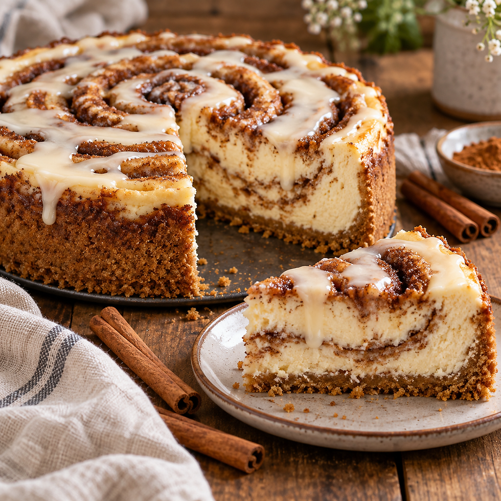 Classic Cinnamon Roll Cheesecake with cinnamon swirl and cream cheese glaze, sliced on a plate