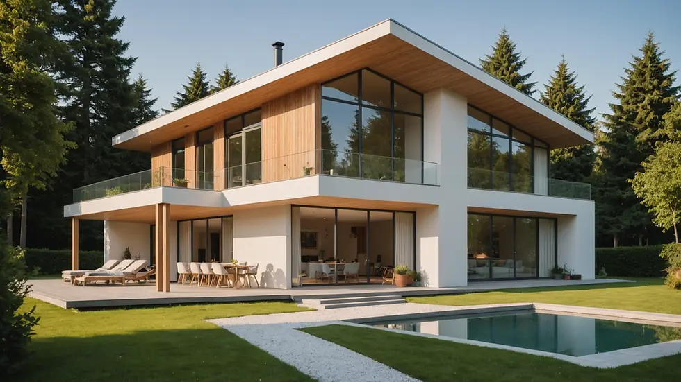 Wide angle view of a sustainable minimalist home