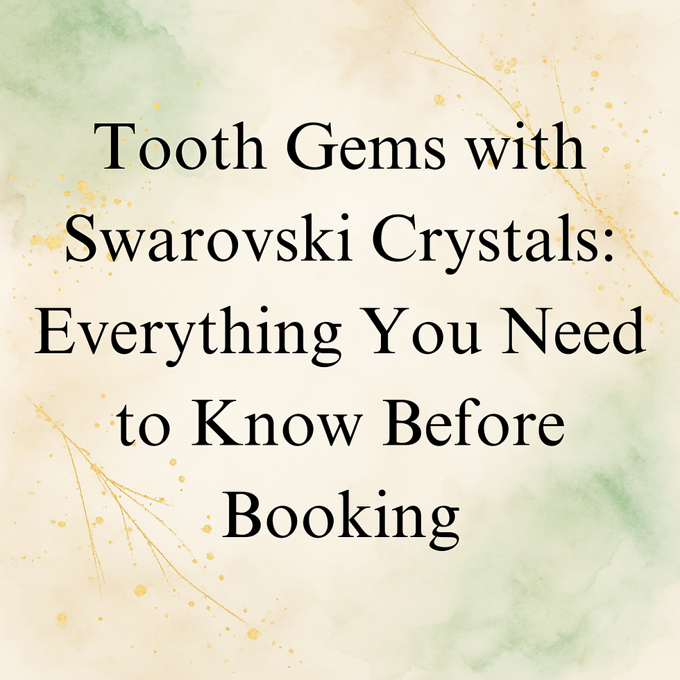 Tooth Gems Swarovski blog title graphic by Shameless Waxing LLC with cream and sage background