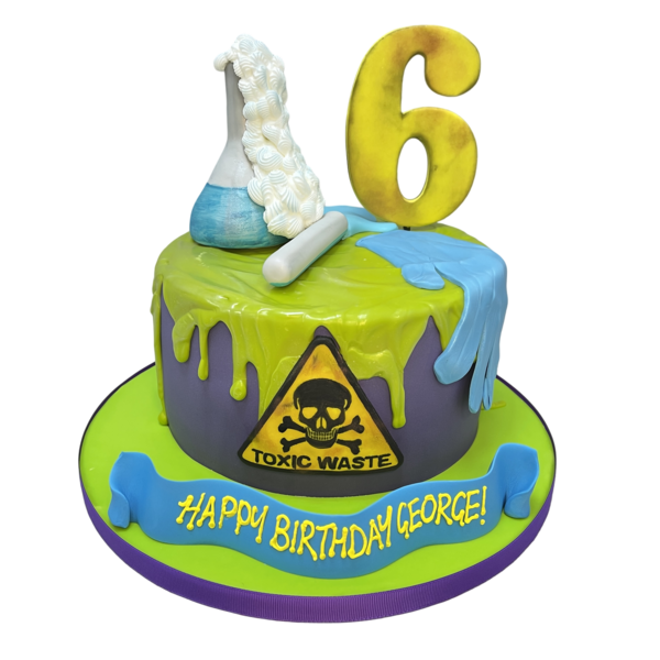 Dark green cake dripping with slimy toxic-looking elements, inspired by grime and science themes, perfect for unique and edgy celebrations.