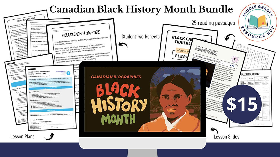 Canadian Black History Month Bundle: Worksheets, lesson plans, slides, and passages for $15. Features "Black History Month" text and portrait.