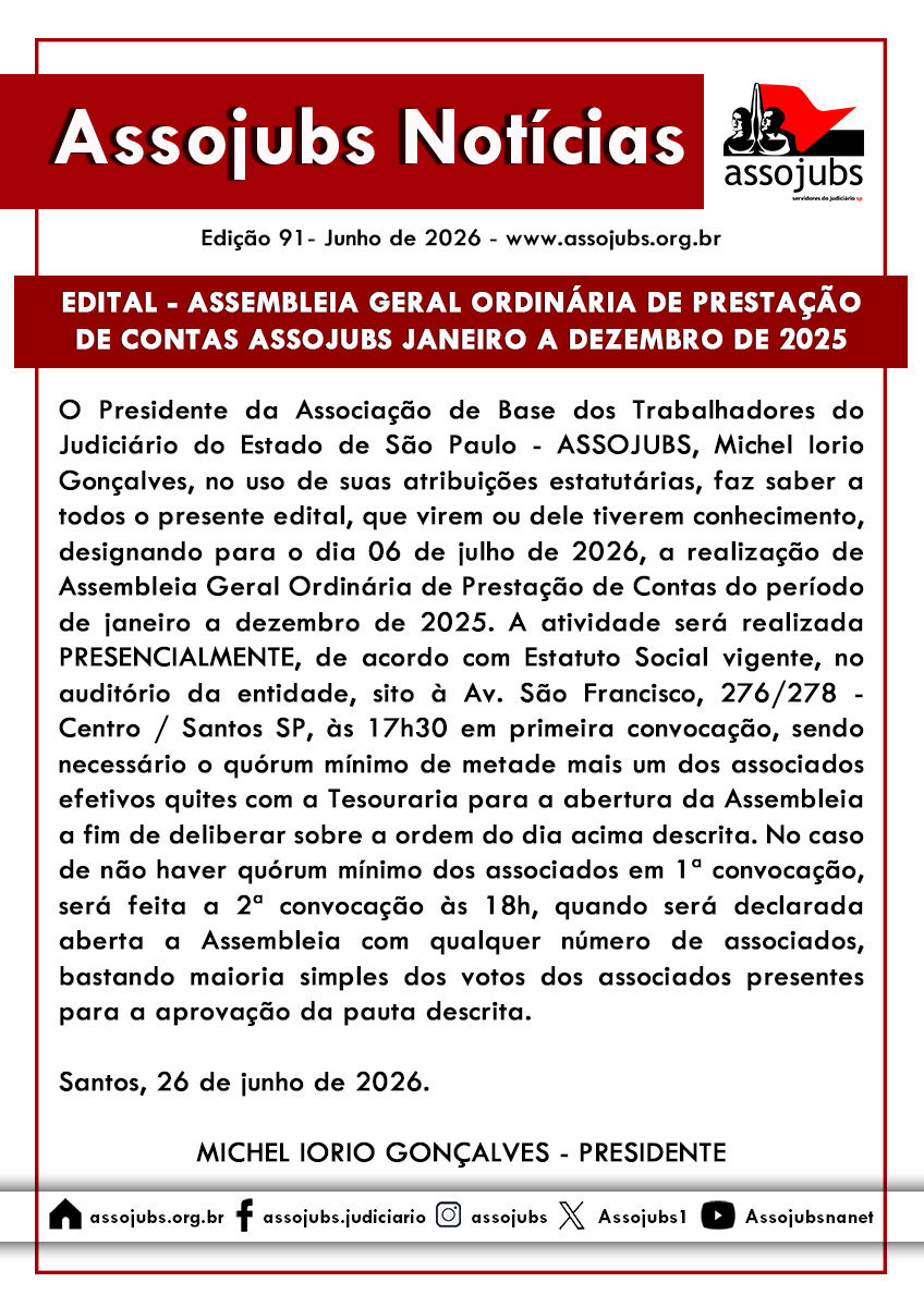 Edital: Assembleia Geral Ordinária de Prestação de Contas Assojubs -Janeiro a Dezembro de 2025