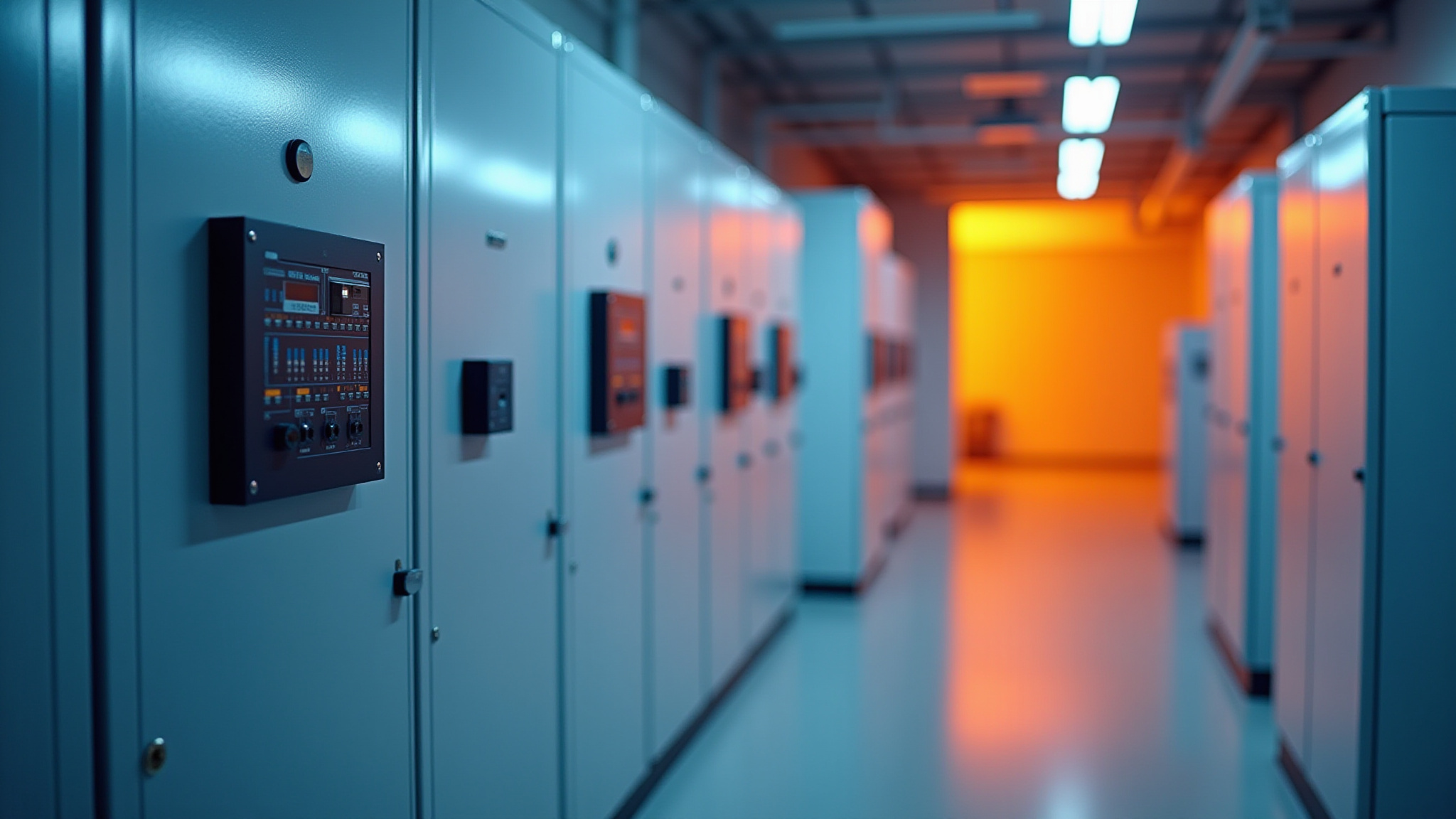 Electrical control panels in a long hallway