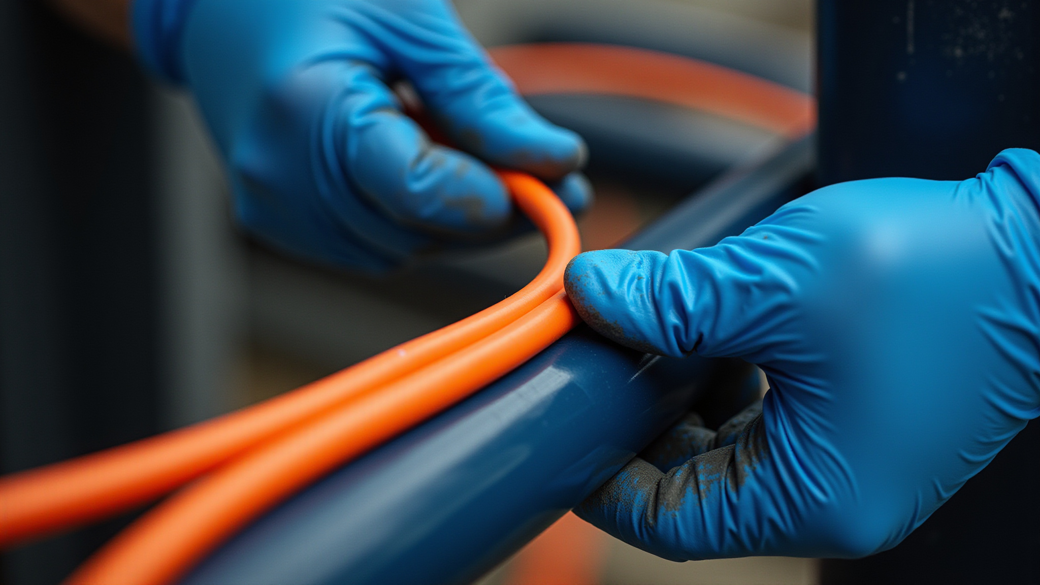Hands in blue gloves wrapping orange cable