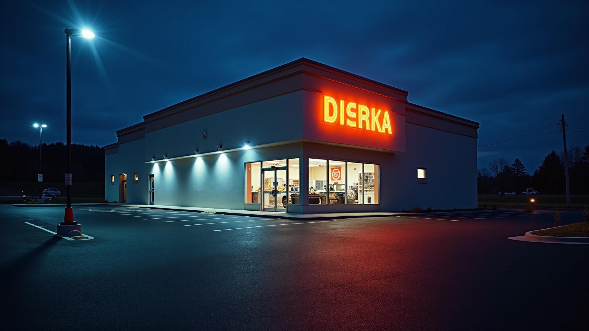 DISRKA store with neon sign at night