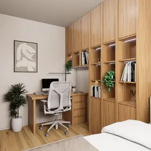 Návrh ložnice s pracovním koutem a vestavnou knihovnou na míru v dekoru dubu, trefinterier. Olomouc