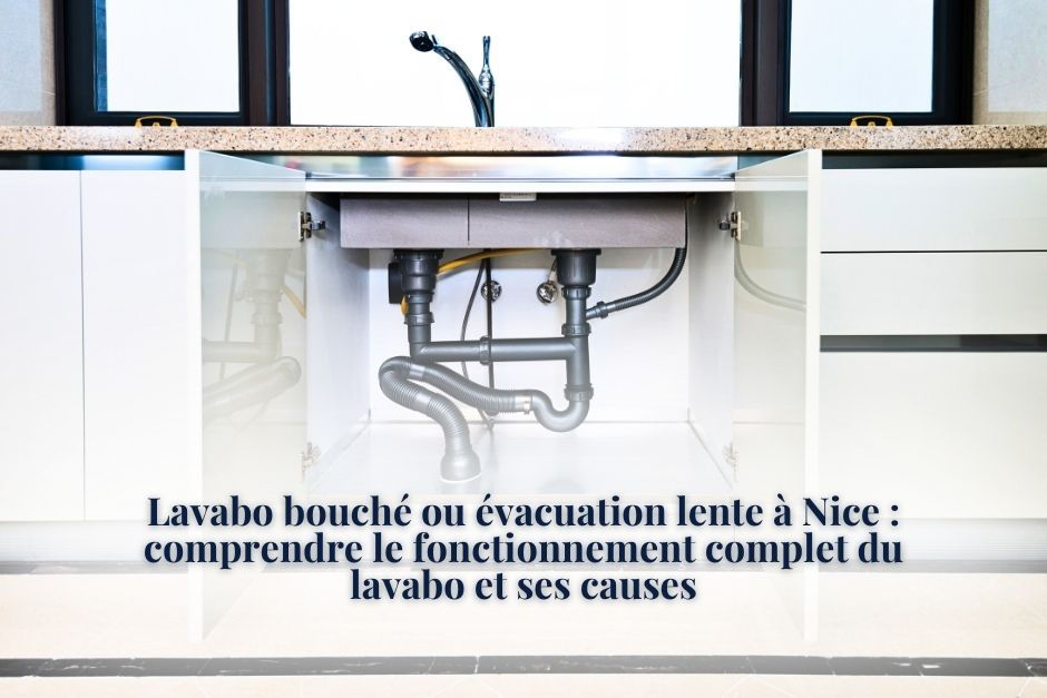 Vue sous un meuble de salle de bain montrant le siphon, les tuyaux de vidange et l’installation complète du lavabo. Illustration d’un article sur les causes d’un lavabo bouché à Nice.