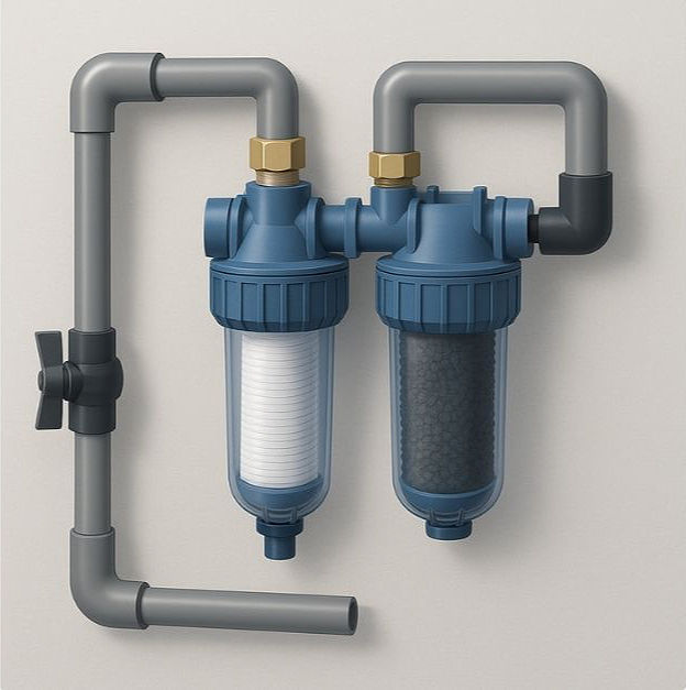 Schéma 3D de filtres anti-calcaire montés sur tuyauterie, combinant filtration mécanique et traitement anti-tartre.