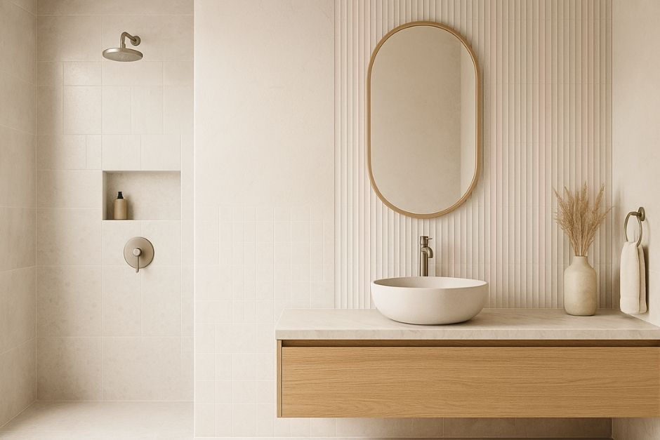 Salle de bain en blanc texturé : douche avec niche, faïence striée, meuble vasque en bois clair et miroir ovale, ambiance lumineuse et apaisante.