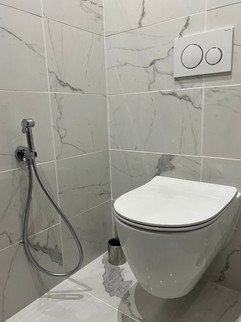 Toilettes design avec carrelage mural effet marbre clair, douchette chromée et finitions élégantes.