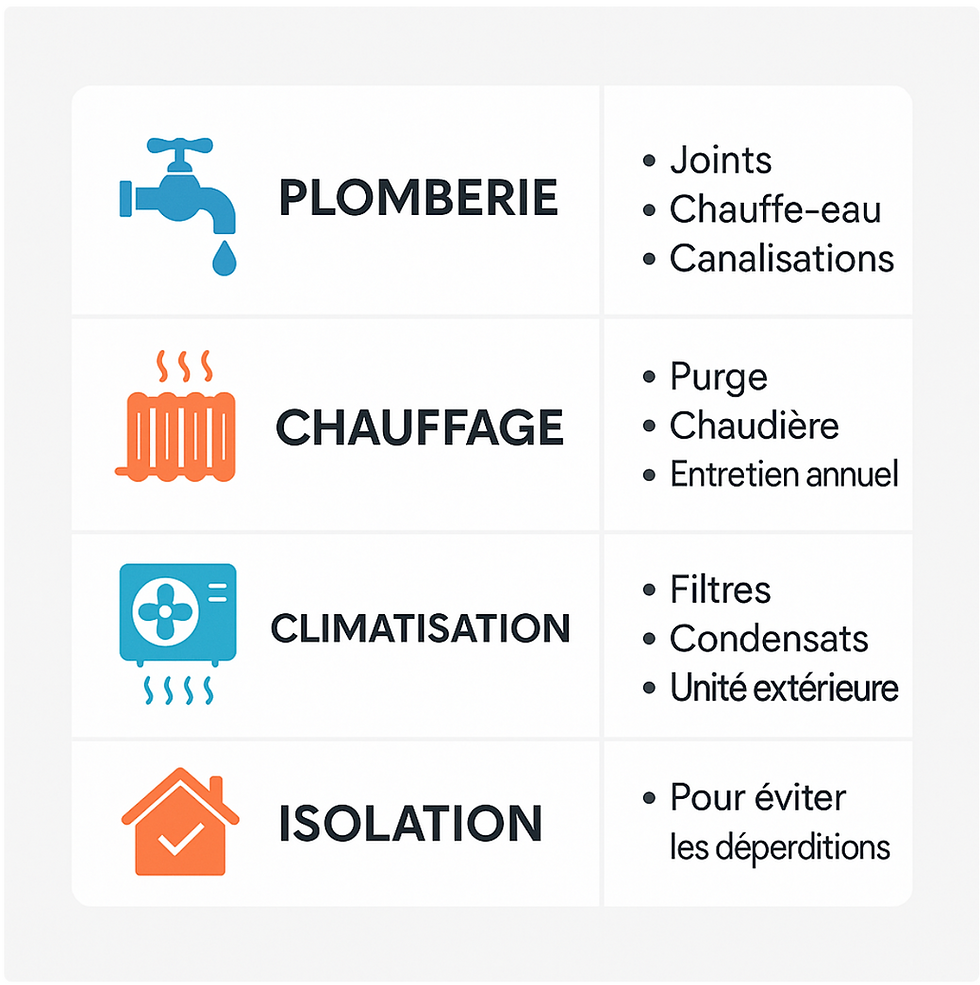 Schéma checklist plomberie chauffage climatisation isolation – conseils pratiques pour entretenir joints, chauffe-eau, chaudière, filtres et éviter les déperditions à Nice.