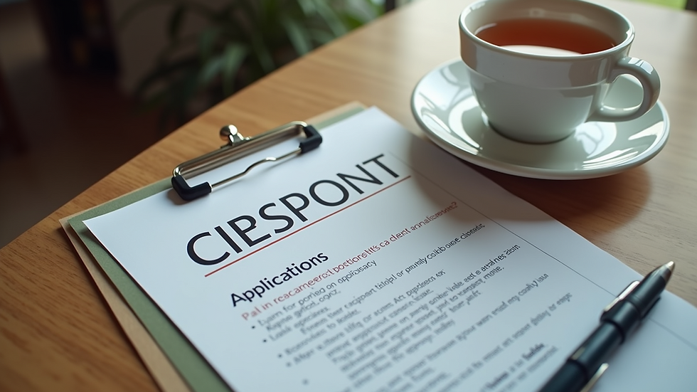 High angle view of a desk with citizenship application documents and a cup of tea