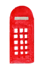 watercolor illustration of a red phone booth, as might be found in London.