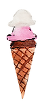 watercolor illustration of an ice cream cone with three scoops: in vanilla, strawberry and chocolate.