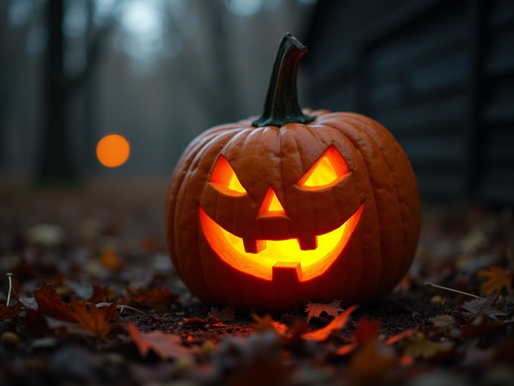 A glowing scary halloween jack-o-lantern pumpkin