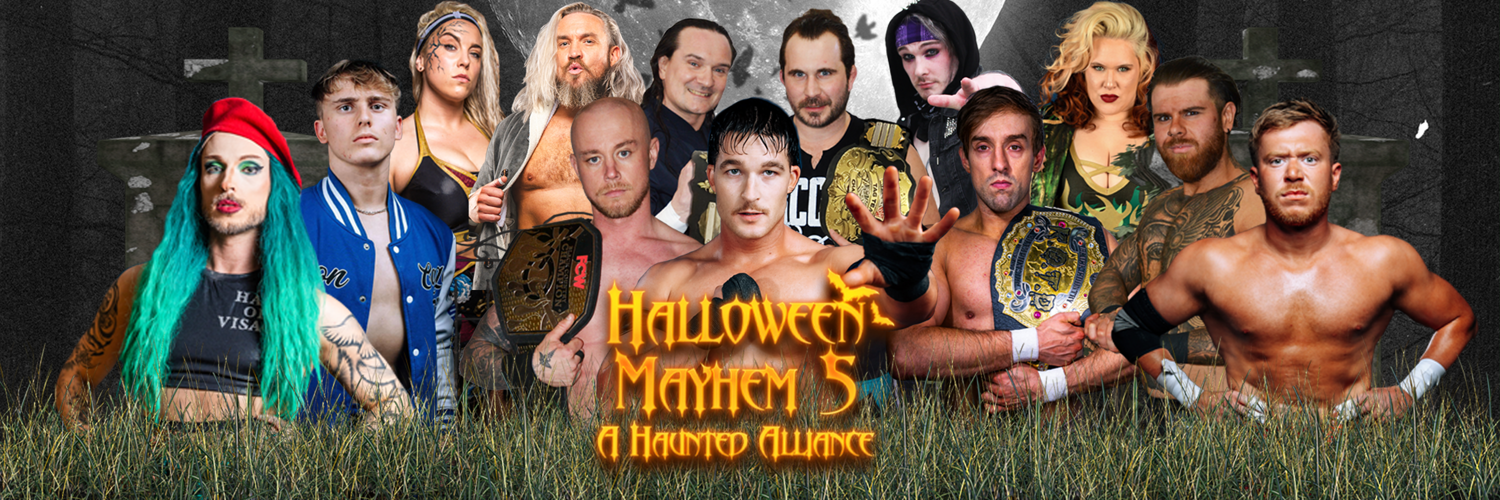 Halloween Mayhem 5 event graphic featuring haunted imagery and wrestling intensity.