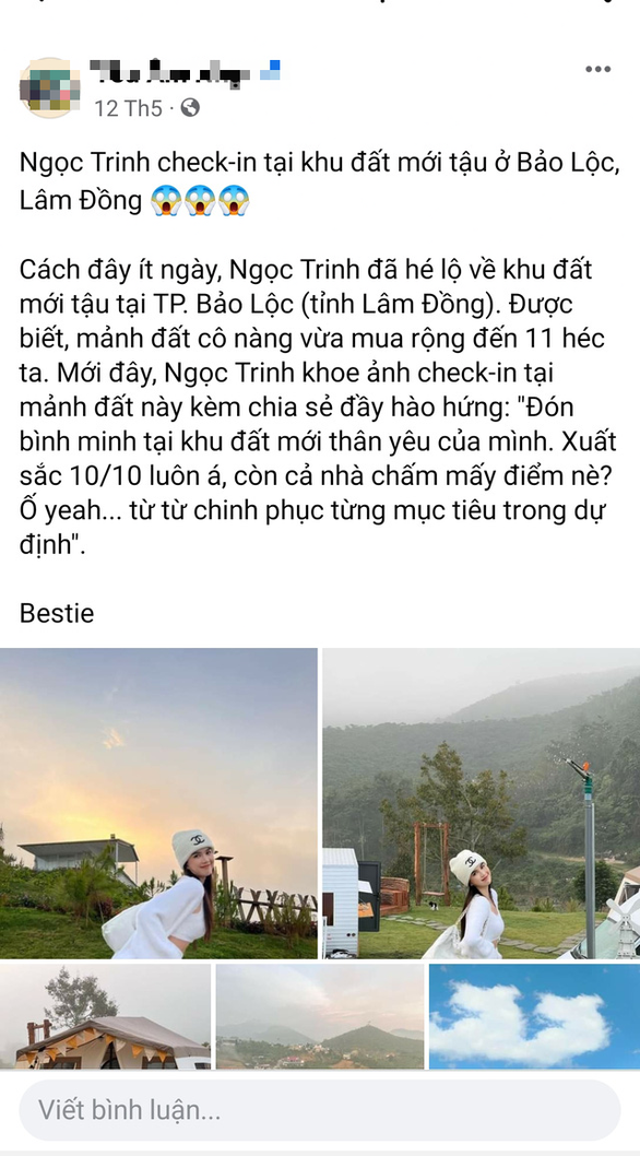 Một trang mạng thông tin với nội dung về chuyện Ngọc Trinh mua đất ở Bảo Lộc