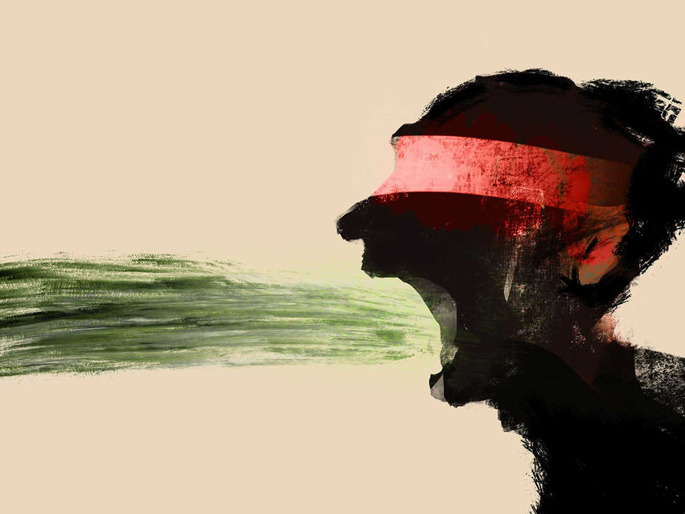 Abstract black profile with a red visor-like band and green brushstroke across the face on a beige background