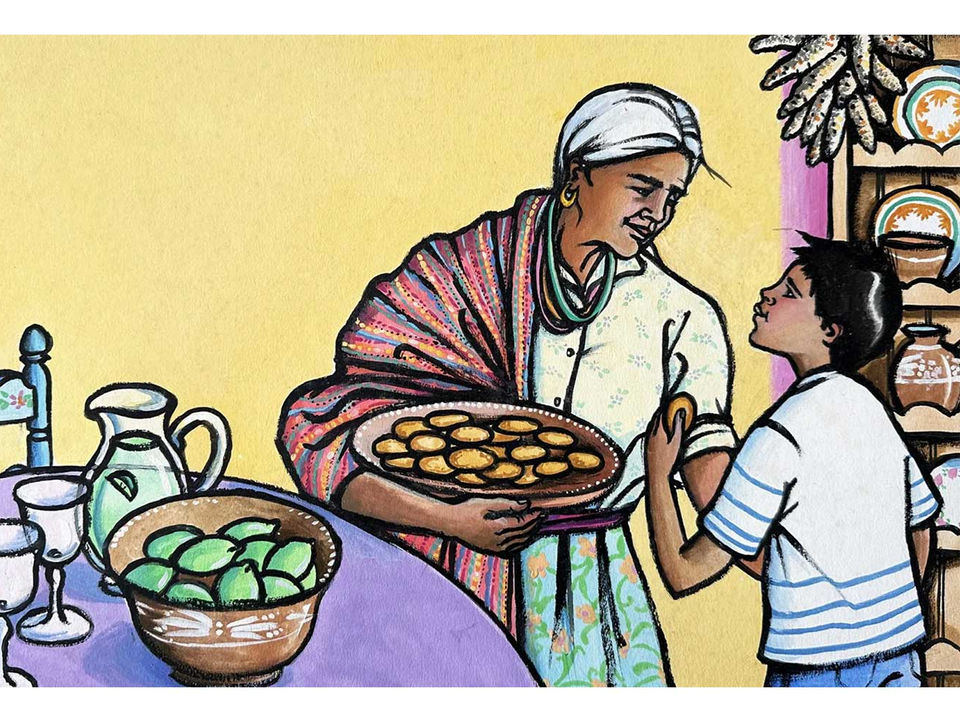 Painting of woman with child in dining room