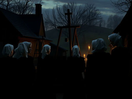 Women in dark cloaks with white headscarves stand by flickering lanterns, framed by rural houses and bare trees at dusk, creating a somber mood.