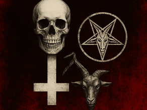 Skull atop an inverted cross, goat head, and pentagram on a dark red background. The image exudes a macabre, ominous mood.
