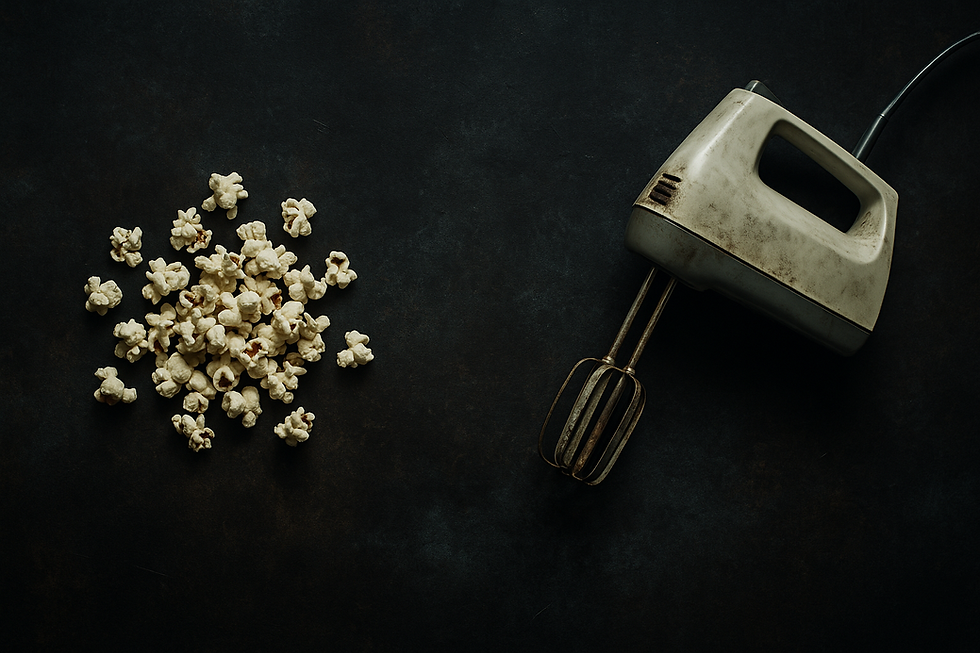 Popcorn scattered on a dark surface beside a vintage hand mixer, creating a nostalgic and rustic scene.