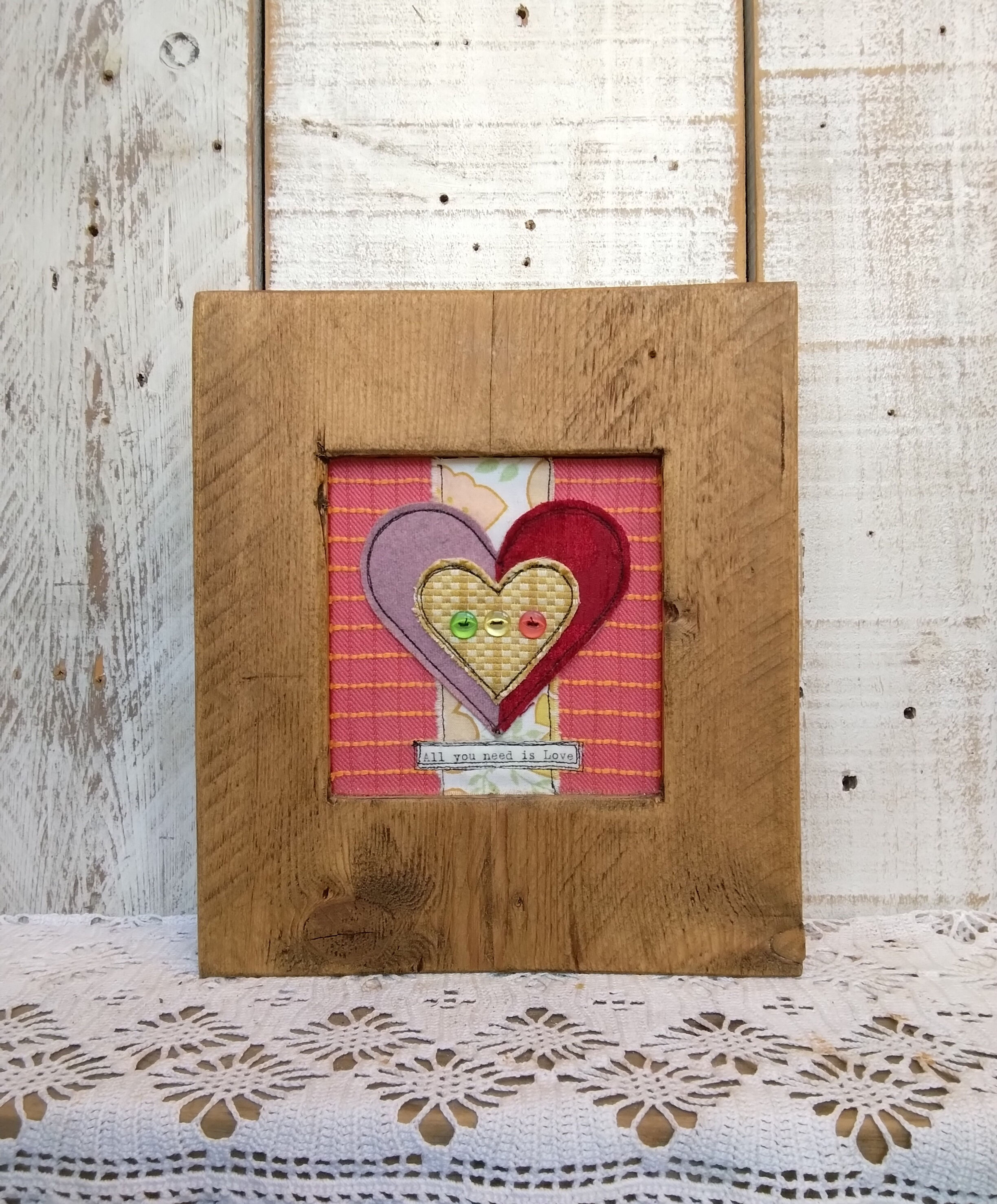 Handmade Rustic Wooden Frame,Textile Heart Art, Fabric Love Picture