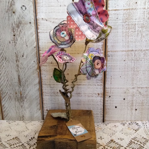 Rustic handmade fabric flower bouquet block