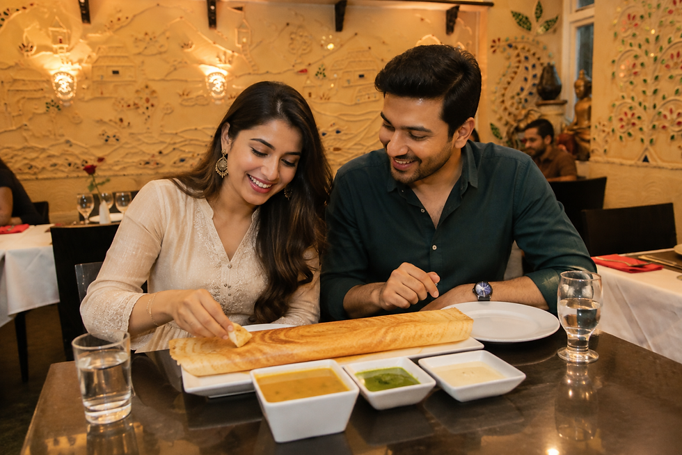 Crispy golden dosa served with sambar and chutney