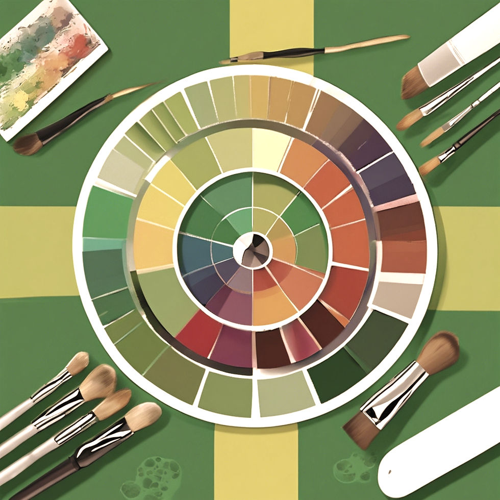 green themed image that depicts graphic design using a color wheel, brushes and wacom tablets.jpg