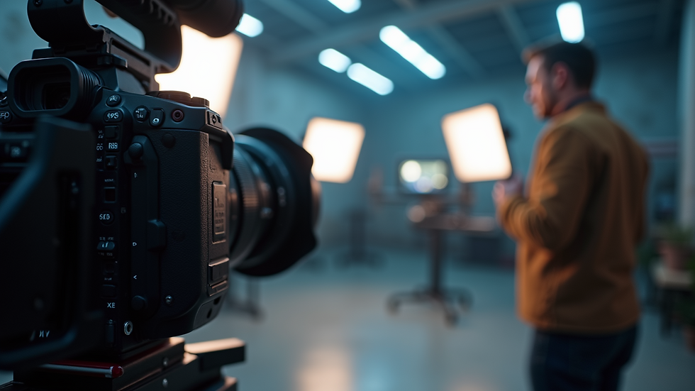 Eye-level view of a modern camera setup with professional lighting equipment